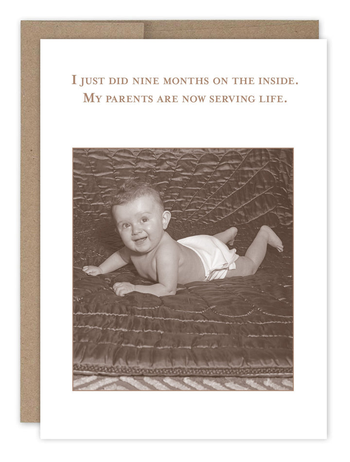 Shannon Martin Design new baby card featuring vintage baby photo with humorous text
