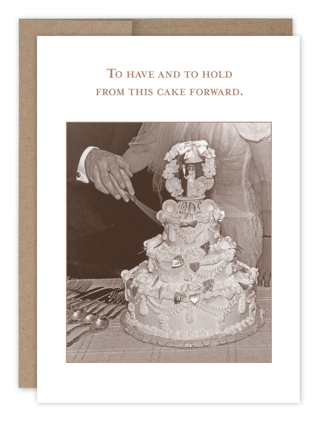 Wedding card featuring vintage cake cutting photo with humorous text about marriage
