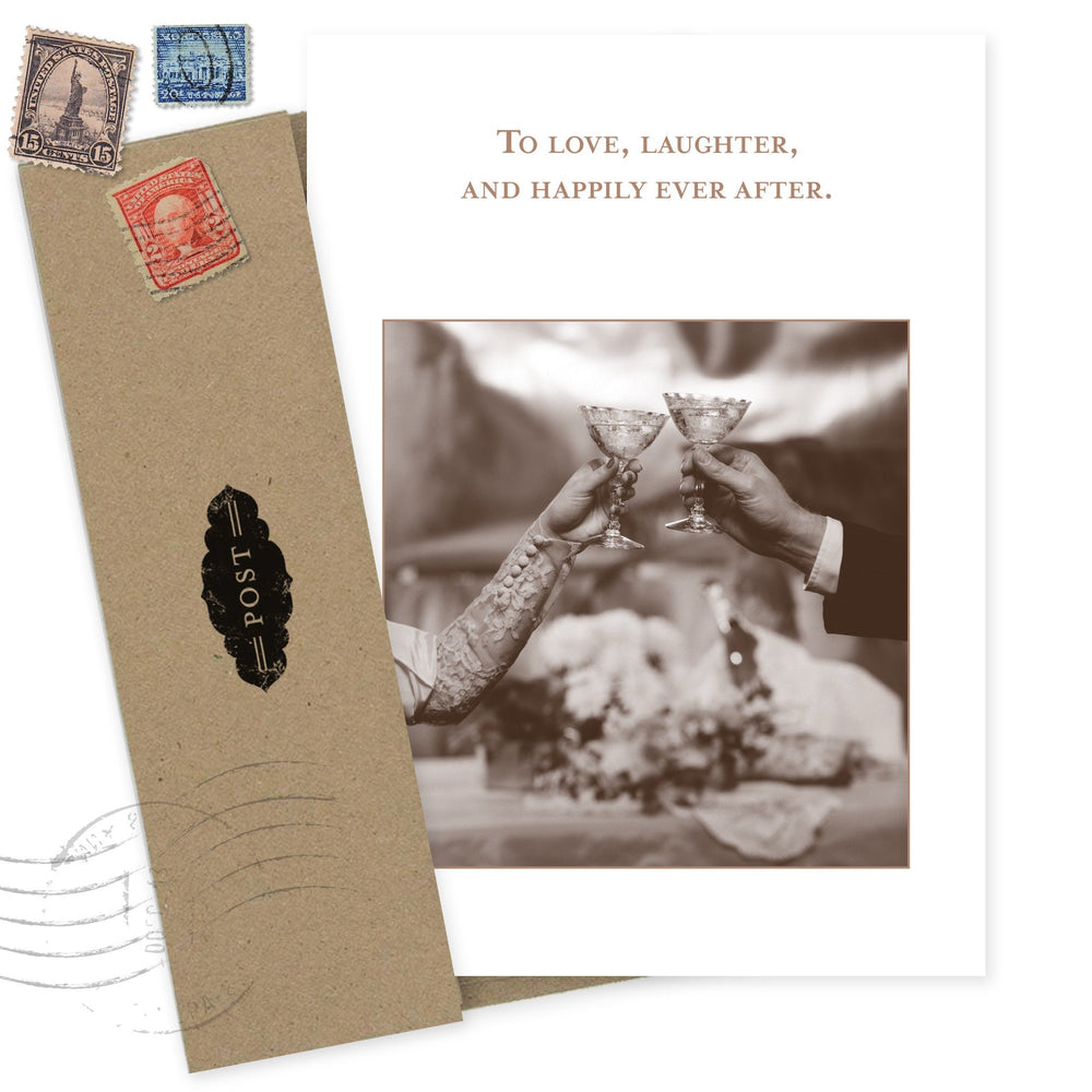 Wedding card with vintage postcard design featuring couple toasting and 'To love, laughter, and happily ever after' text