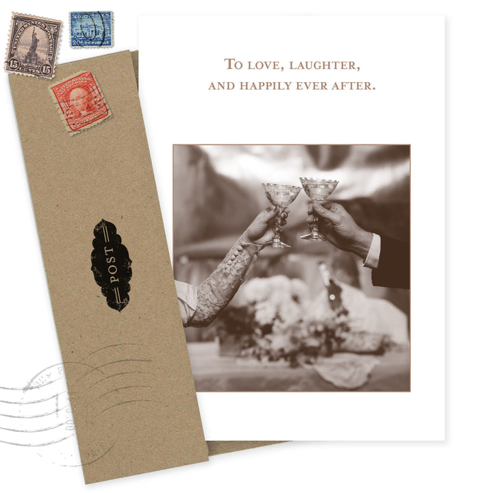 Wedding card with vintage postcard design featuring couple toasting and 'To love, laughter, and happily ever after' text
