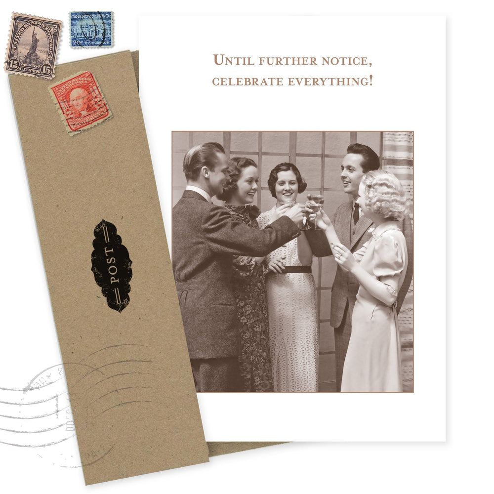 Vintage-style congratulations card with kraft envelope, stamps, and retro photo of people toasting