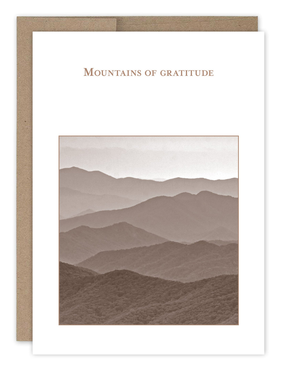 Mountains of Gratitude thank you card featuring layered mountain landscape in sepia tones