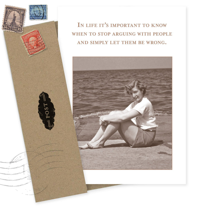 Greeting card with vintage photo and quote about letting people be wrong