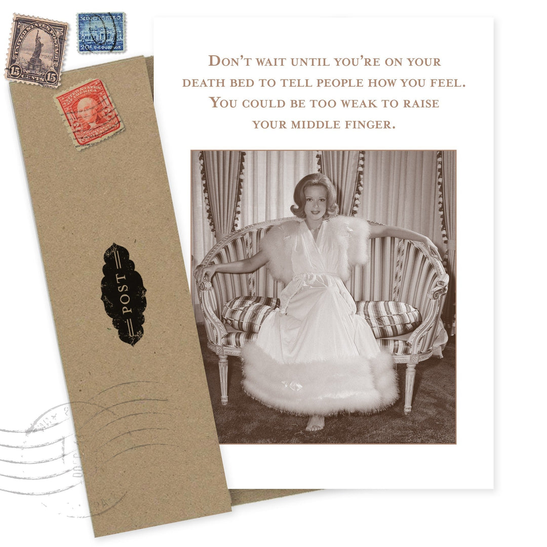 Vintage-style birthday card with stamps, old photograph, and motivational text about expressing feelings
