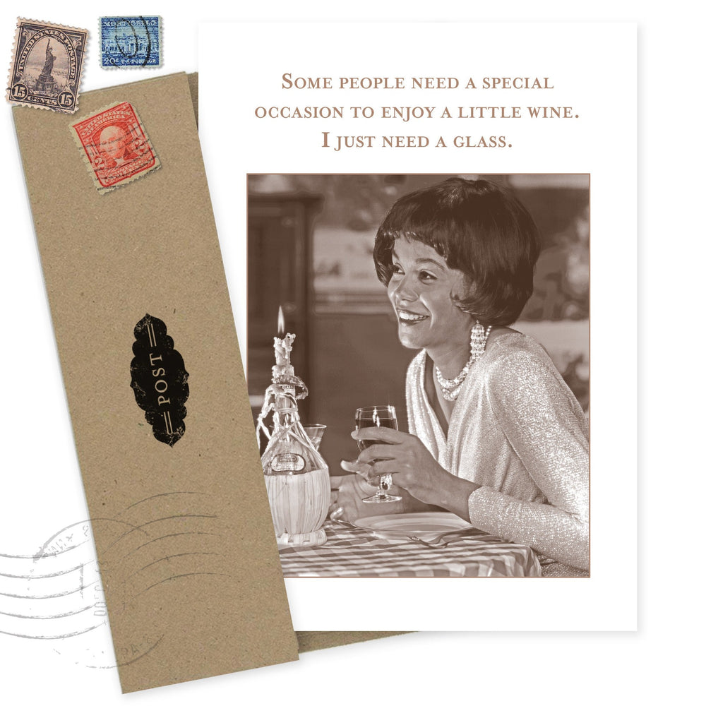 Shannon Martin Design birthday card with vintage stamps and wine humor message