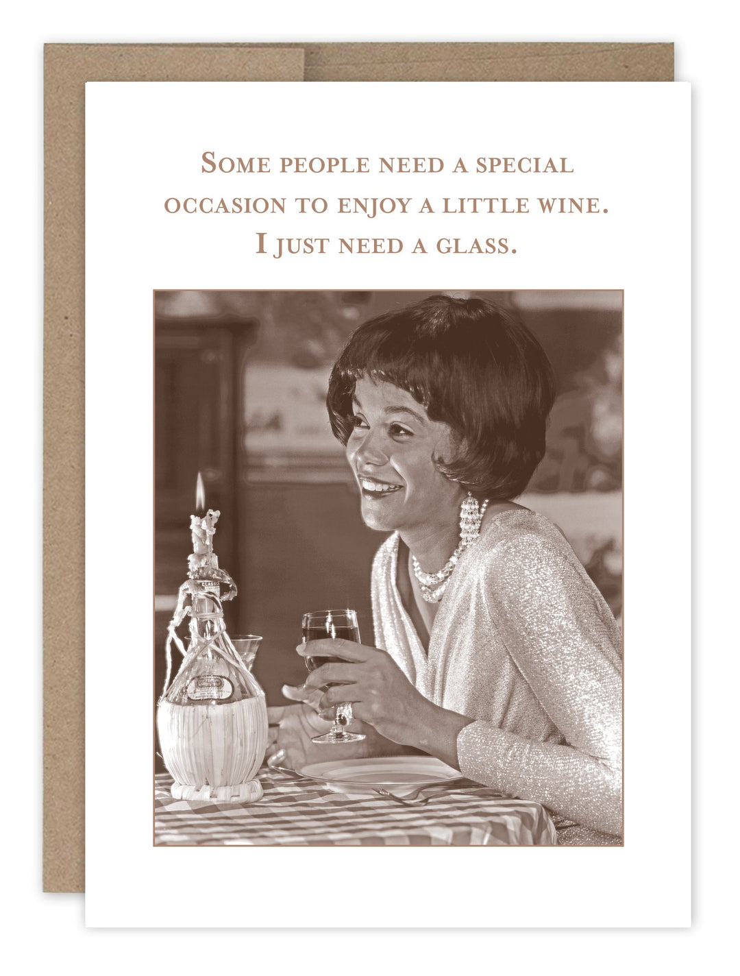 Birthday greeting card with vintage woman holding wine glass and humorous wine quote