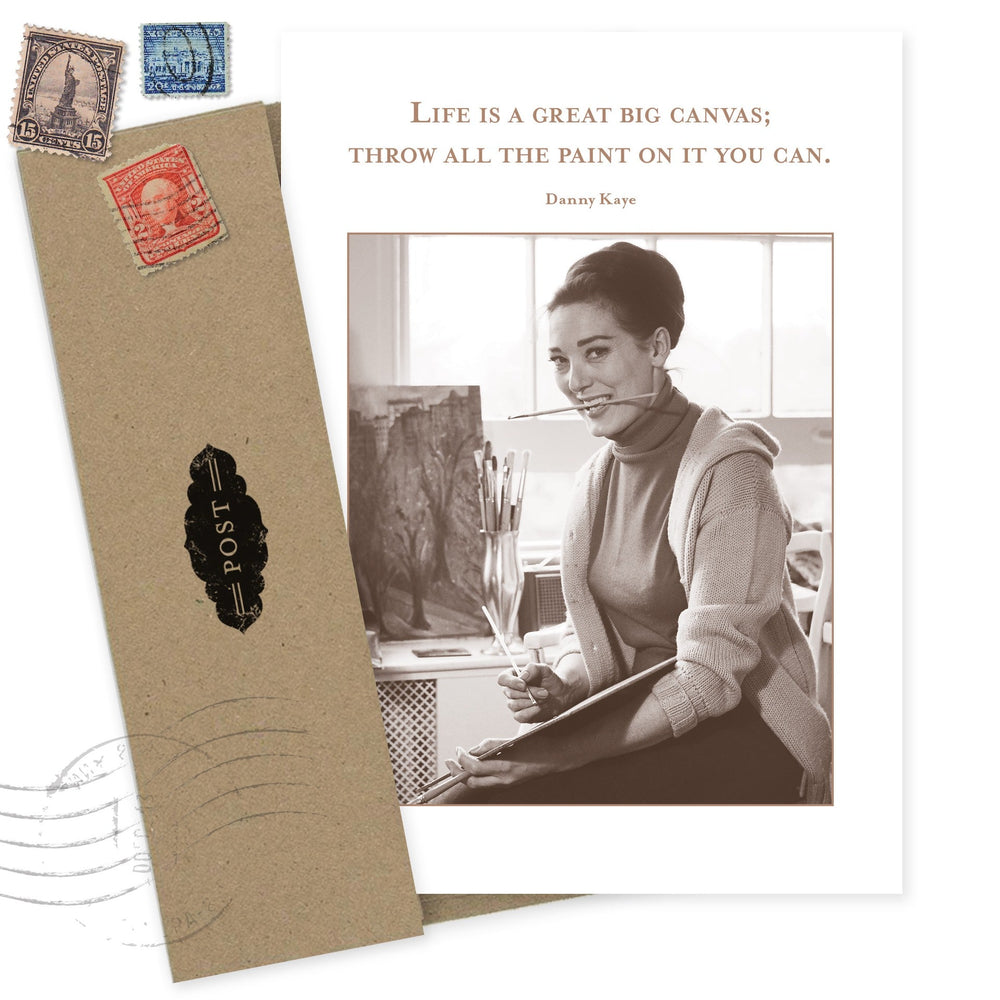 Shannon Martin Design birthday card with vintage postcard aesthetic, stamps and inspirational quote