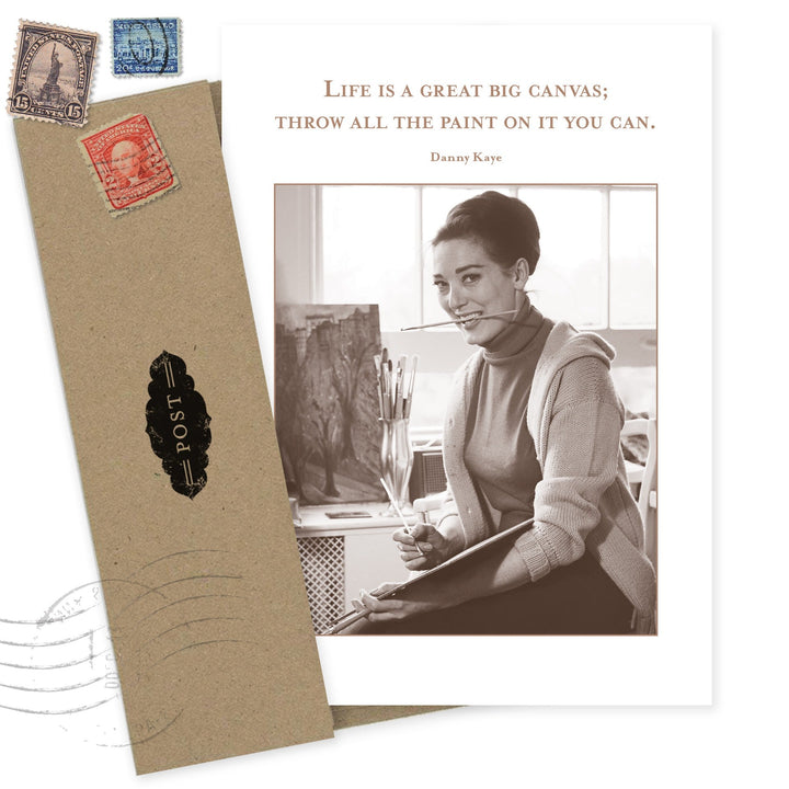 Shannon Martin Design birthday card with vintage postcard aesthetic, stamps and inspirational quote