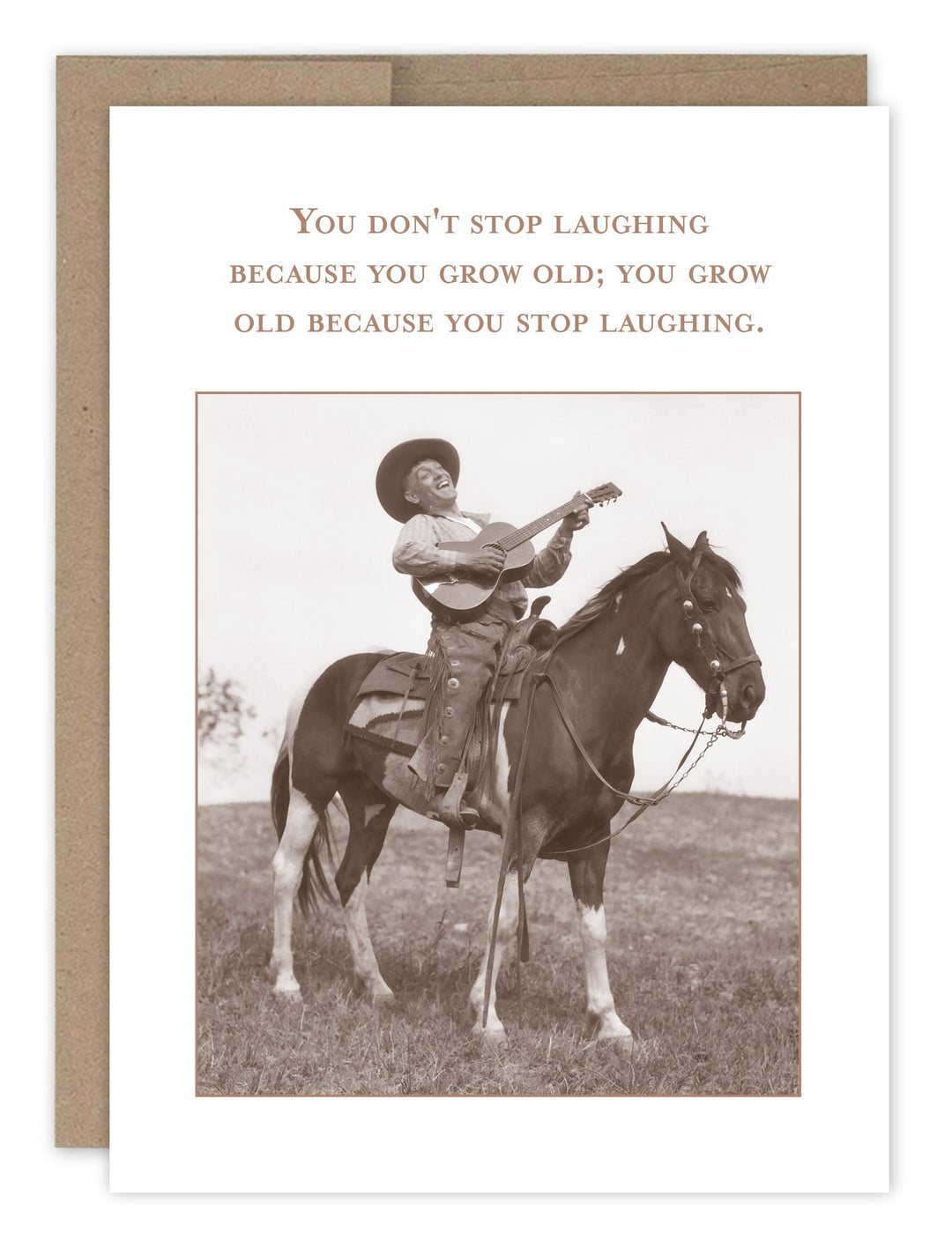 Birthday greeting card with vintage cowboy on horse and inspirational quote about laughter
