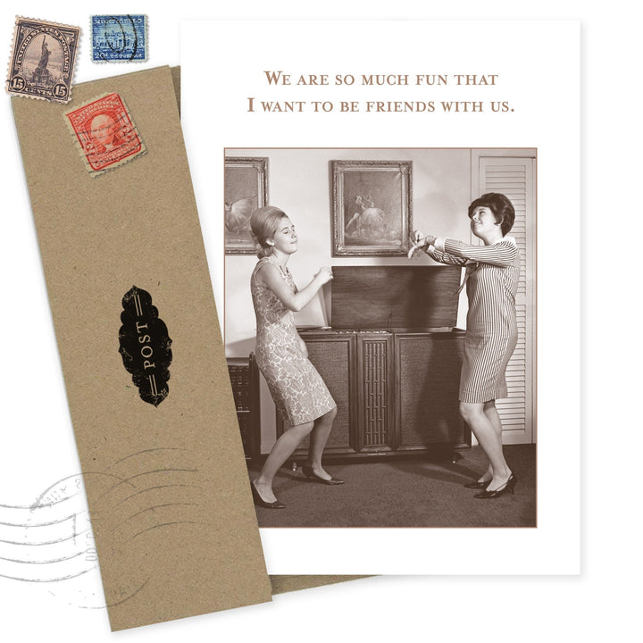 So Much Fun Birthday Card featuring retro photo of women dancing with vintage envelope