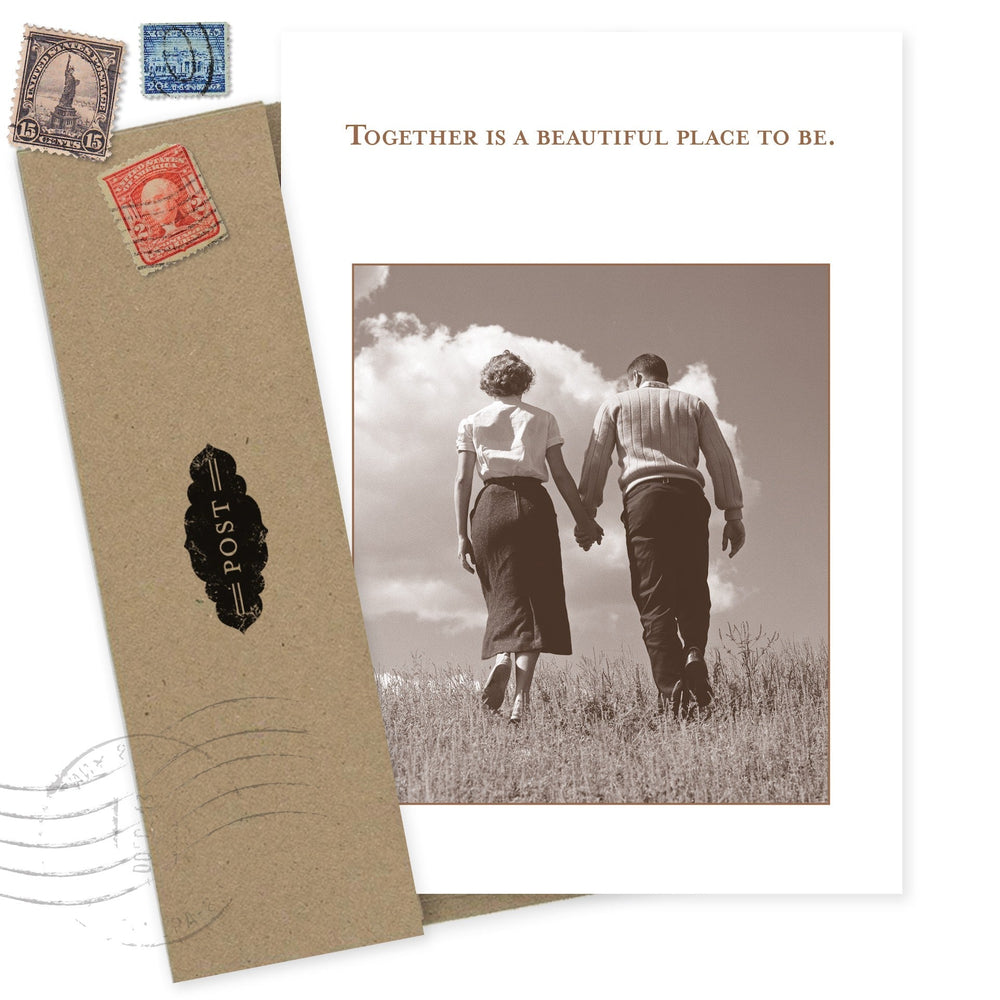 Together Anniversary Card featuring vintage couple photo with decorative stamps and kraft envelope