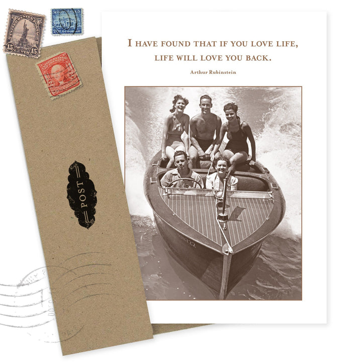 Birthday card with vintage boat photo and Arthur Rubinstein quote about loving life