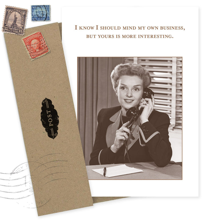 Mind My Own Business birthday card featuring vintage woman on phone with humorous text