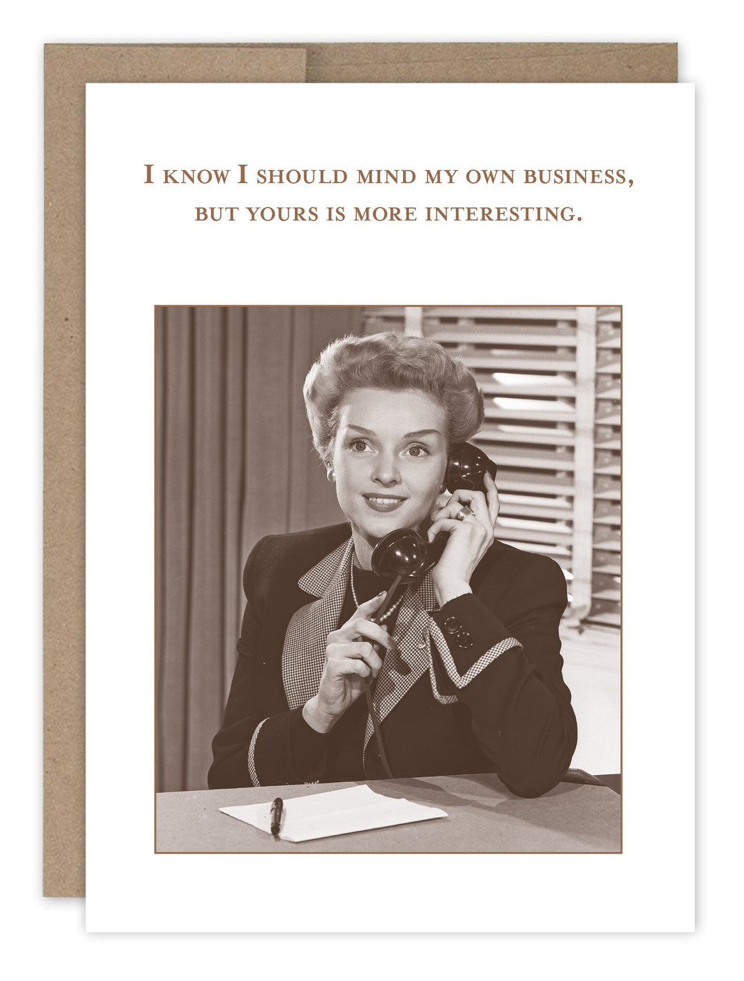 Birthday card featuring vintage woman on phone with text about minding business