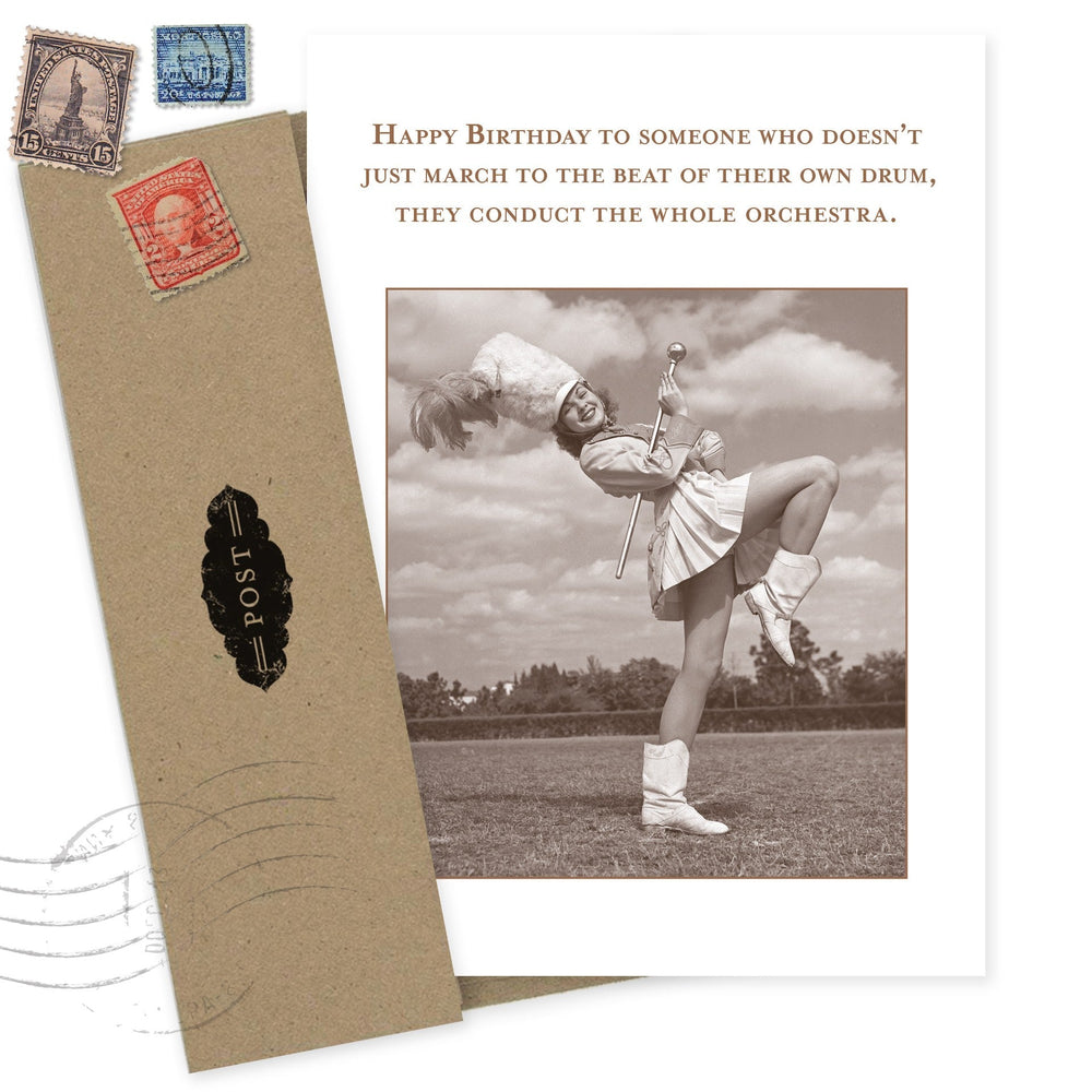 Birthday card with vintage marching band photo and inspirational text about conducting orchestra