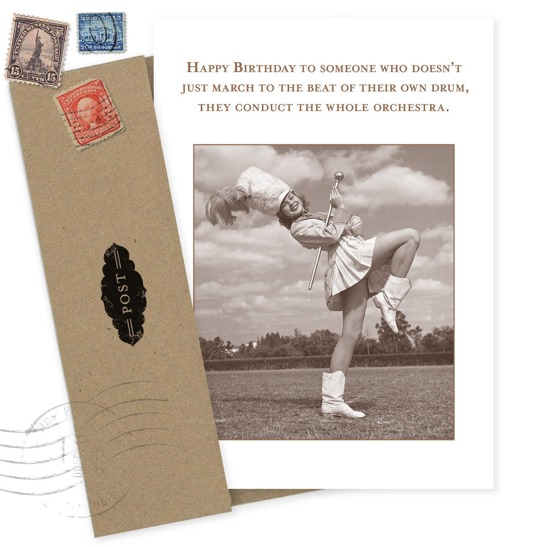 Birthday card with vintage marching band photo and inspirational text about conducting orchestra