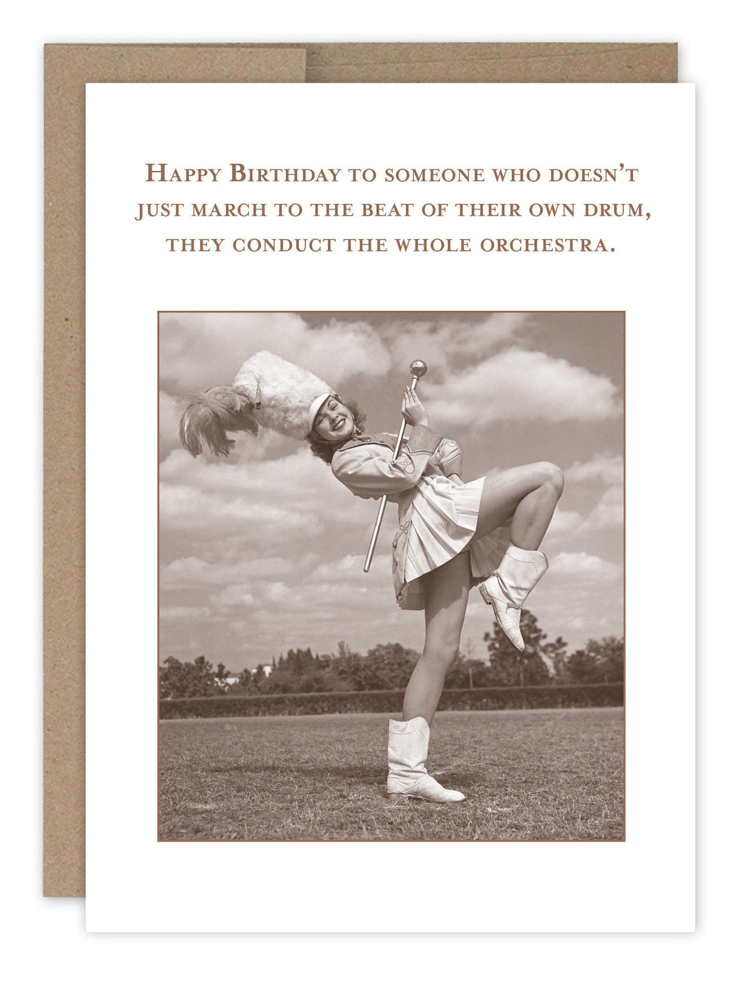 March To The Beat birthday card featuring vintage majorette photo with kraft envelope