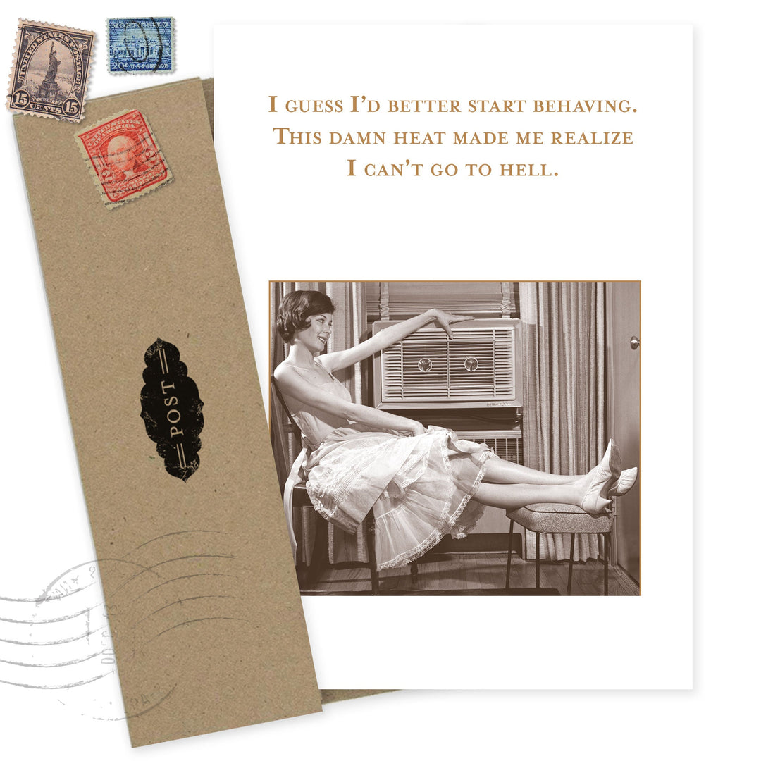 Start Behaving Birthday Card featuring vintage woman with air conditioner and humorous text
