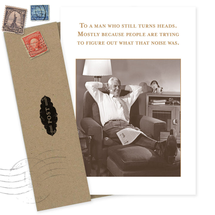 Vintage-style birthday card with kraft envelope, postage stamps, and photo of man relaxing