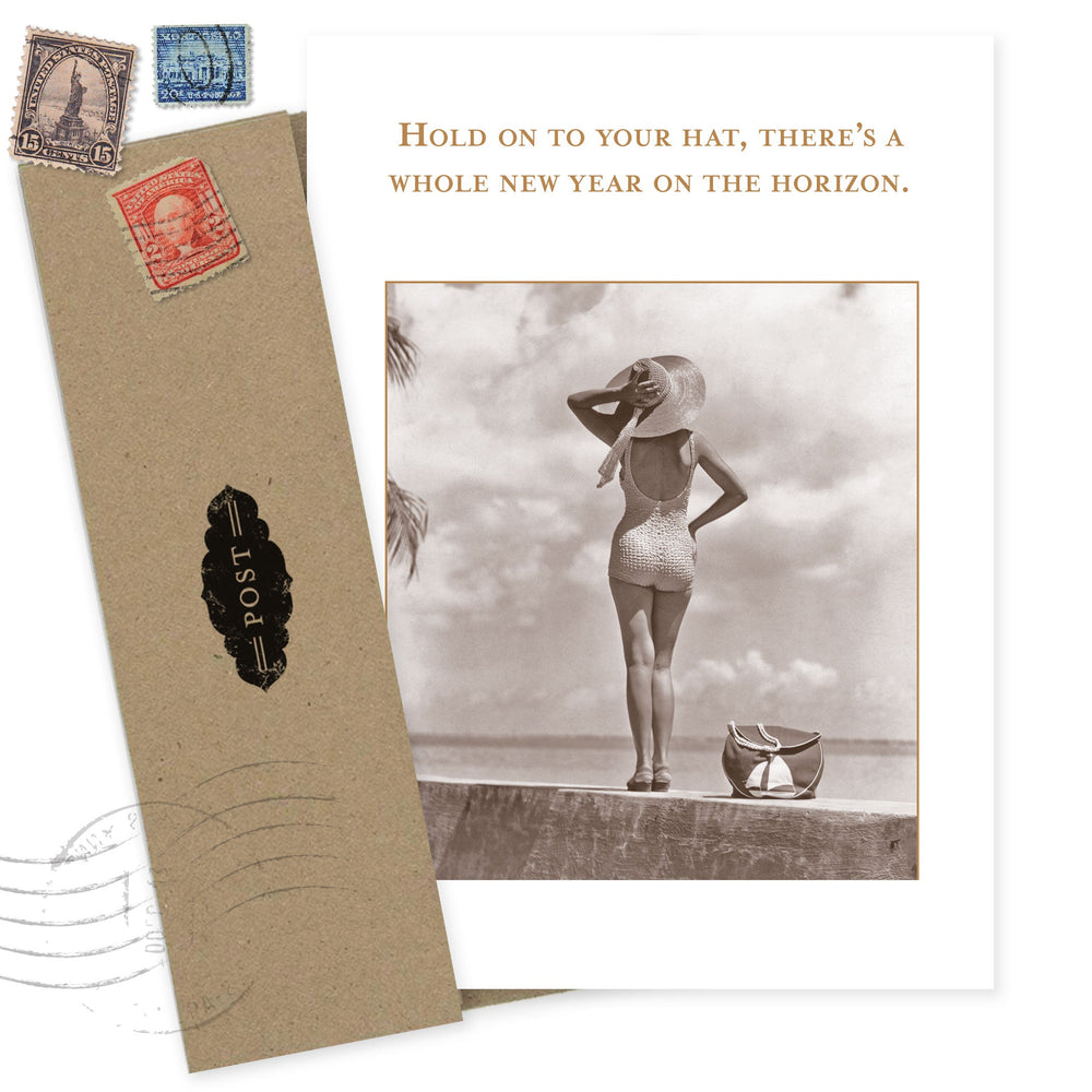 Shannon Martin Design birthday card featuring vintage woman in hat with travel-themed styling