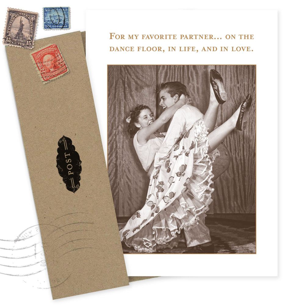 Vintage-style greeting card with dancing couple photo and postal envelope design elements