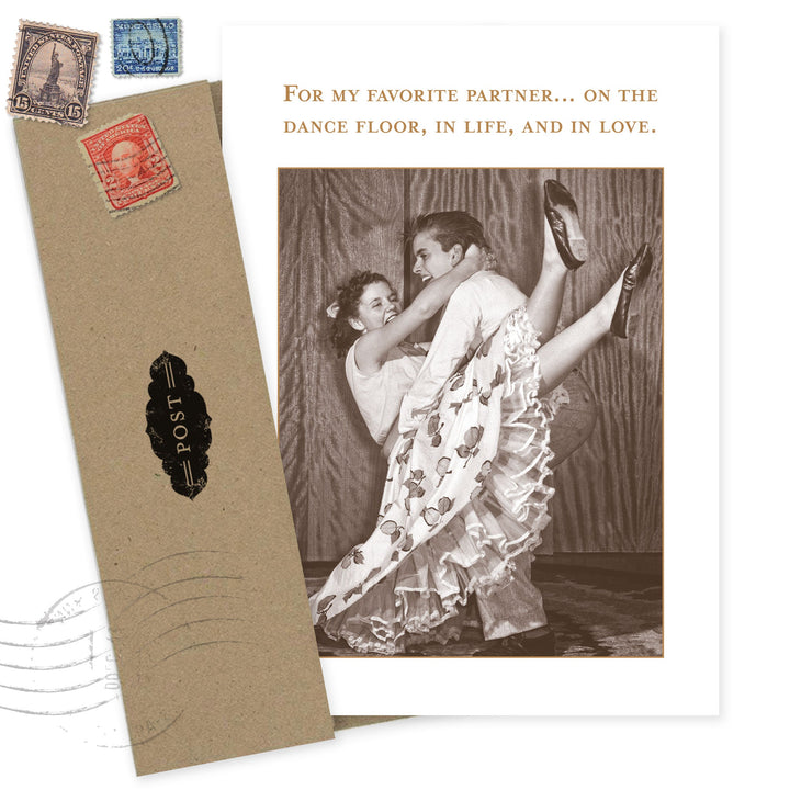 Vintage-style greeting card with dancing couple photo and postal envelope design elements