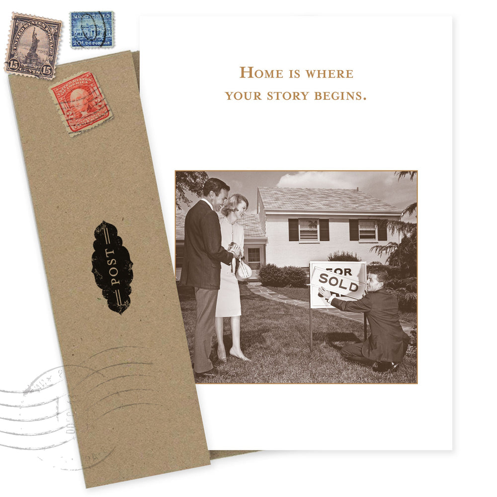 Shannon Martin Design greeting card with vintage postal theme and 'Home is where your story begins' text