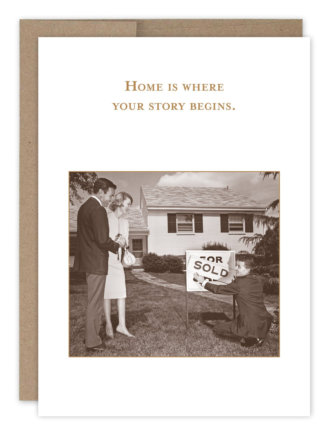 White greeting card with vintage photo and brown envelope saying Home is where your story begins