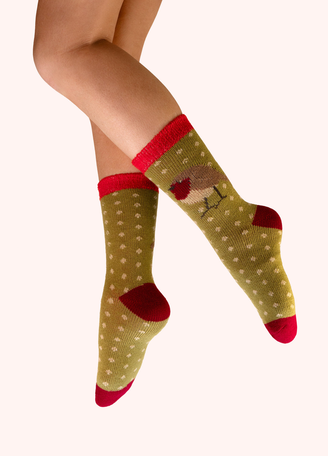 Powder Design cosy socks in olive green with polka dots and robin bird motif, red trim