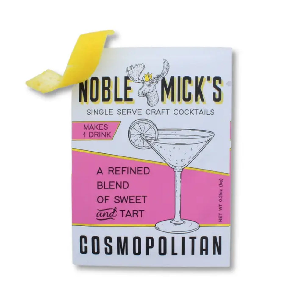 Noble Mick's Single Serve Craft Cocktail Cosmopolitan mix packet, pink and white packaging