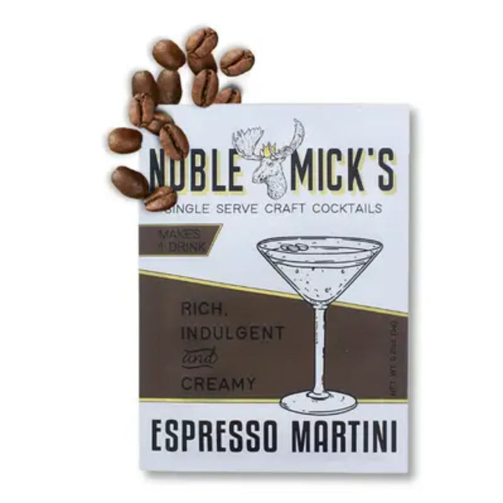 Noble Mick's Espresso Martini single serve craft cocktail mix packet with coffee beans