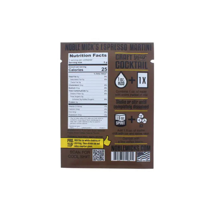 Noble Mick's Espresso Martini single serve craft cocktail mix packet back label