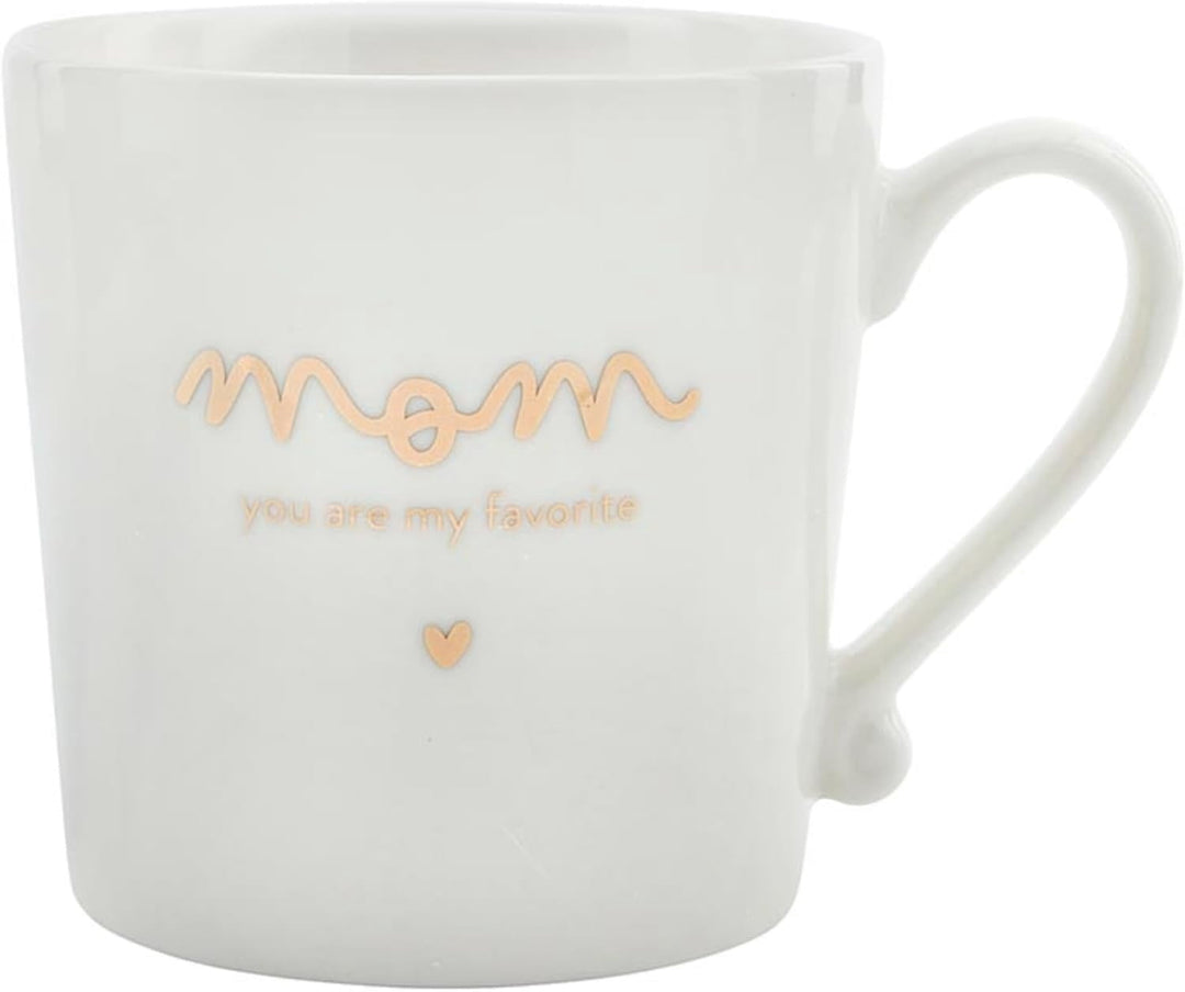 White ceramic mug with gold text reading 'mom you are my favorite' and small heart