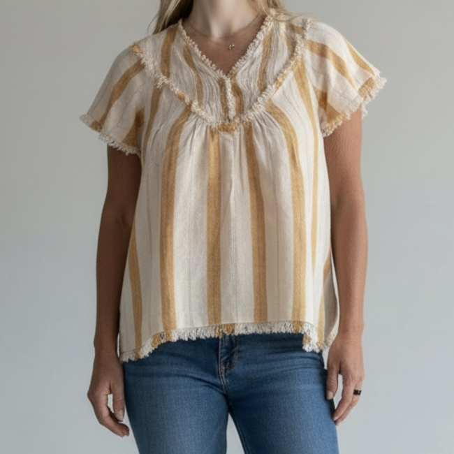 Tribal short sleeve striped blouse with raw edge details and fringe trim