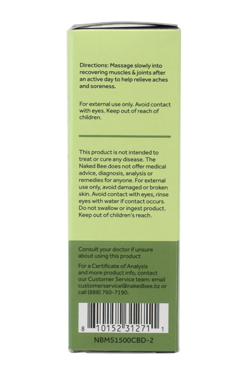 Naked Bee CBD Max Strength Muscle Stick in light green packaging with product details