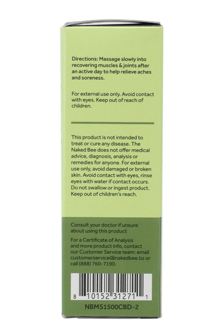 Naked Bee CBD Max Strength Muscle Stick in light green packaging with product details