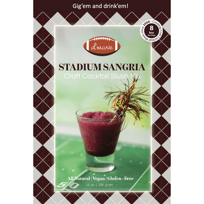 D'Marie Stadium Sangria Craft Cocktail Slush Mix package with burgundy drink garnished with herbs