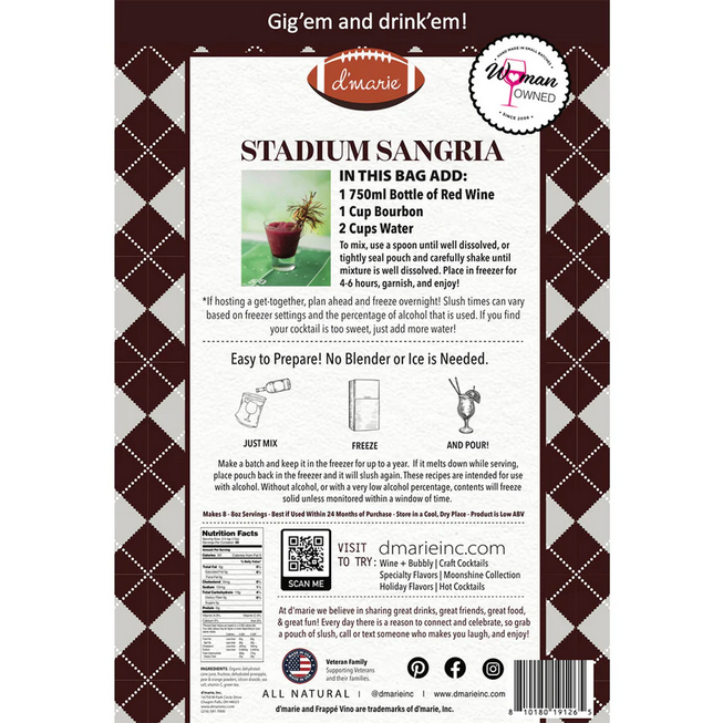 D'Marie Stadium Sangria cocktail mix bag with burgundy diamond pattern packaging and recipe instructions