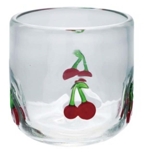 Clear glass tumbler with red cherry pattern and green stems embedded in glass