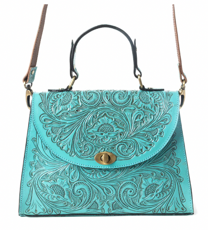 Savannah Scroll Handtooled Leather Bag in Turquoise