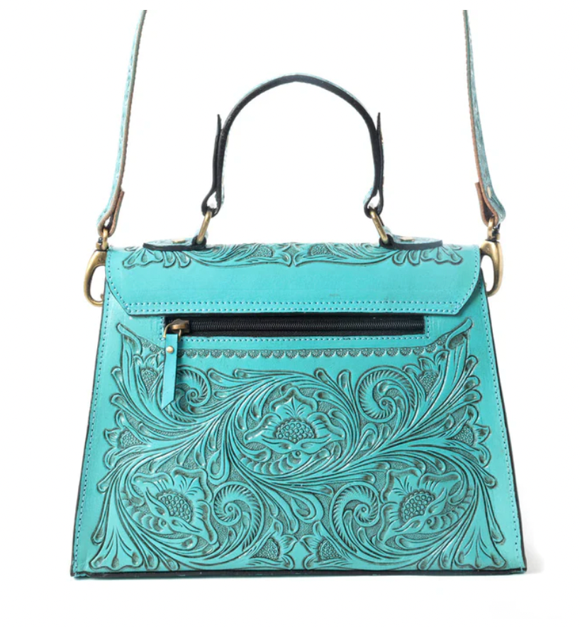 Savannah Scroll Handtooled Leather Bag in Turquoise