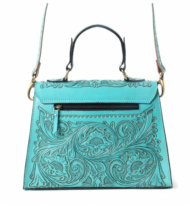 Savannah Scroll Handtooled Leather Bag in Turquoise