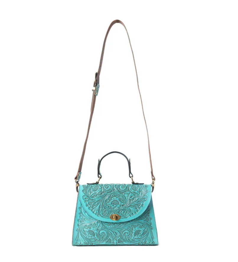 Savannah Scroll Handtooled Leather Bag in Turquoise