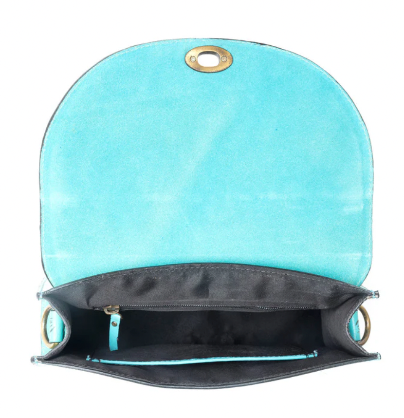 Savannah Scroll Handtooled Leather Bag in Turquoise