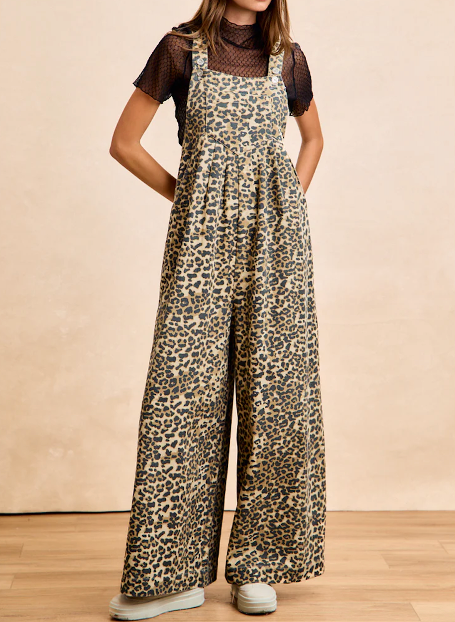 Leopard Print Wide Leg Overalls