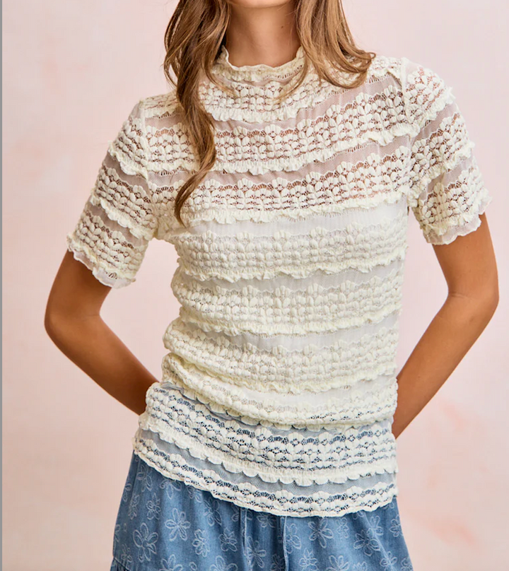 RUFFLES DETAIL FLOWER LACE TOP