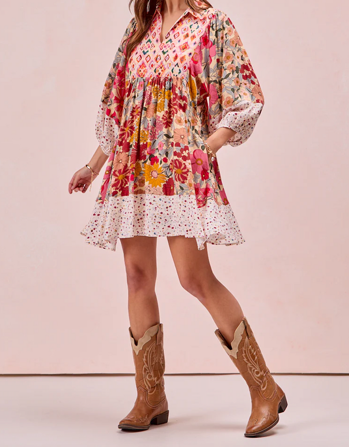 Print Mix and Match Bubble Sleeve Dress