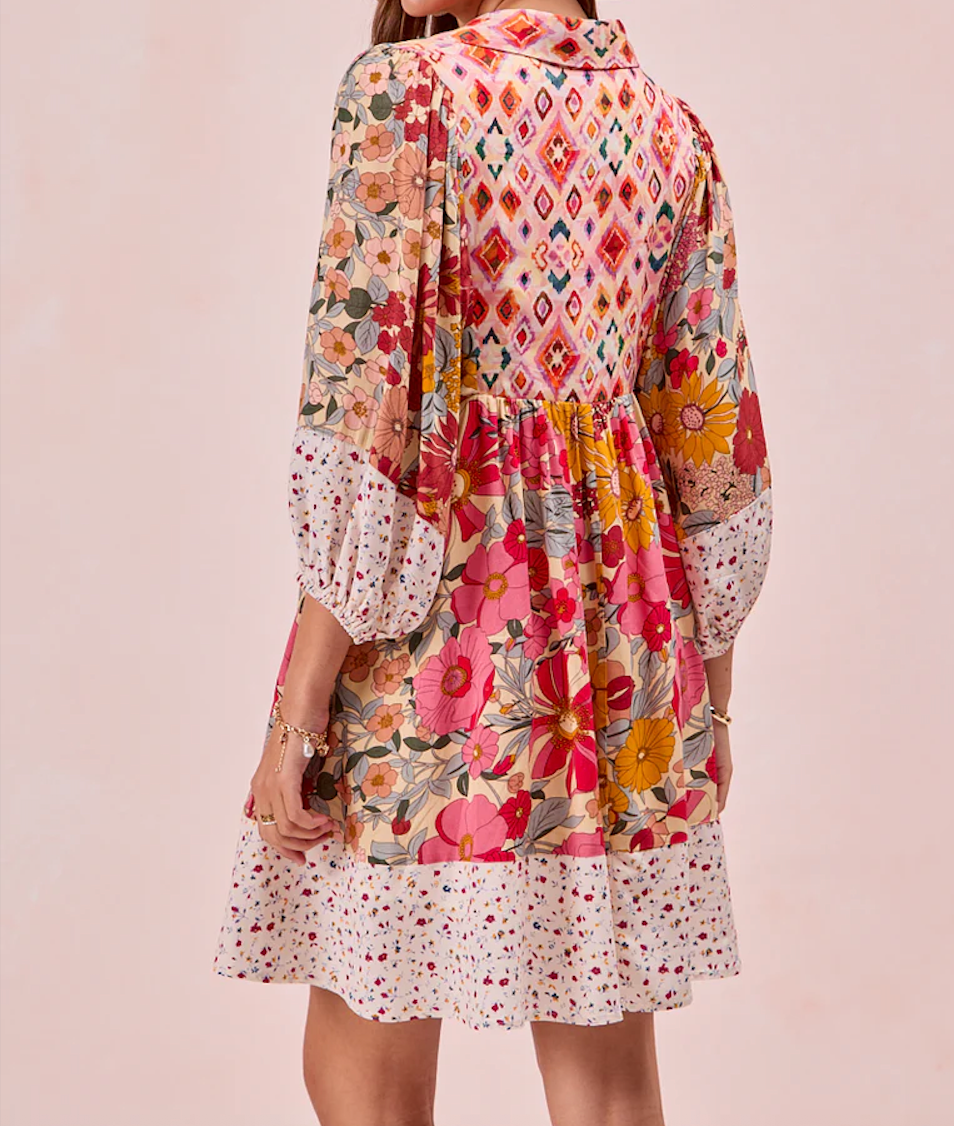 Print Mix and Match Bubble Sleeve Dress