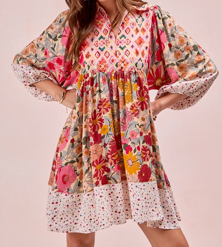 Print Mix and Match Bubble Sleeve Dress
