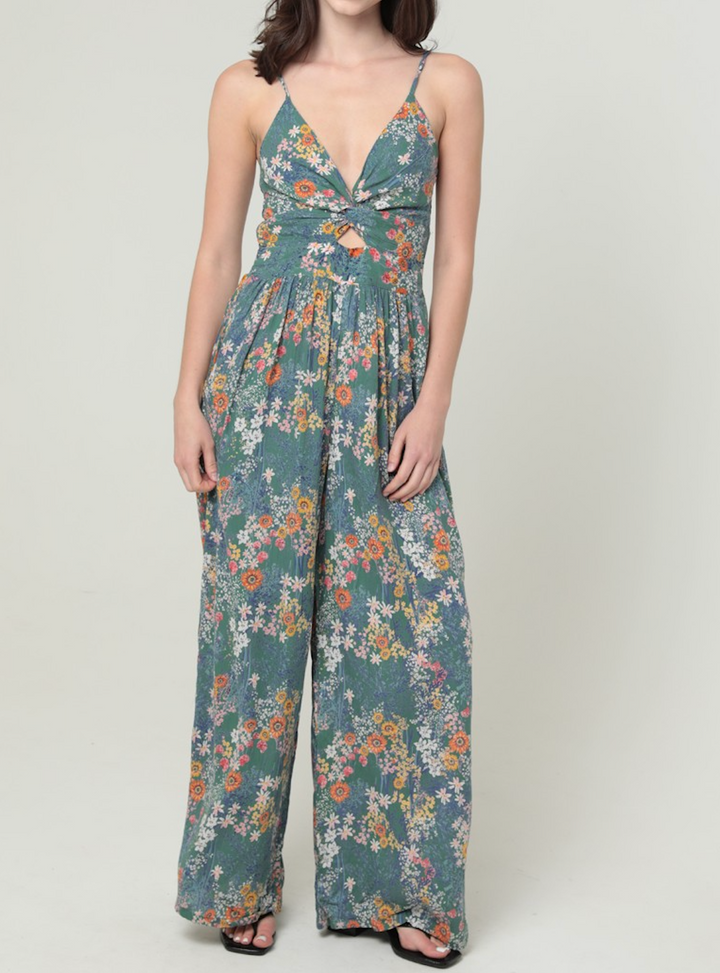 Floral Print V Neck Jumpsuit With Pocket
